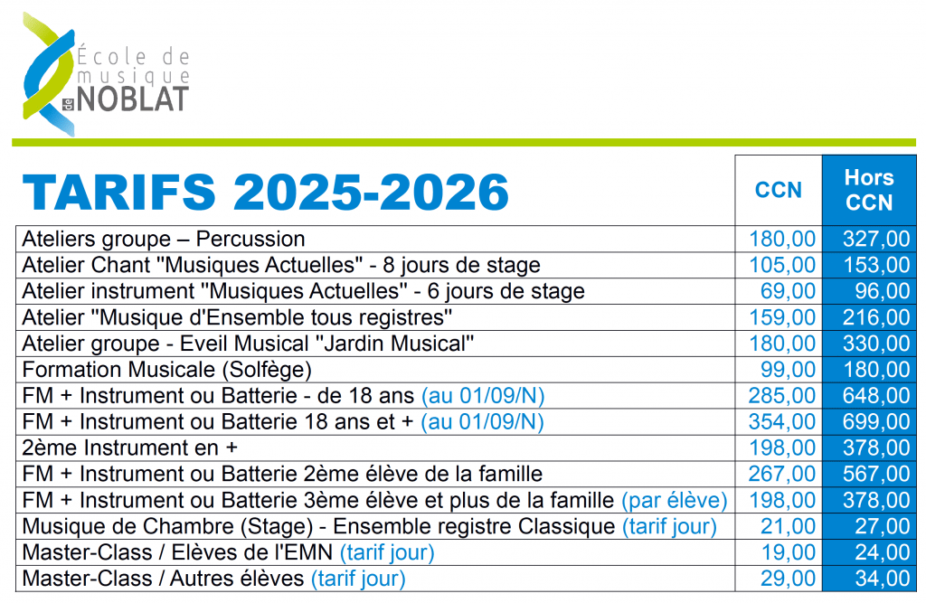 Grille tarifaire 2025/2026